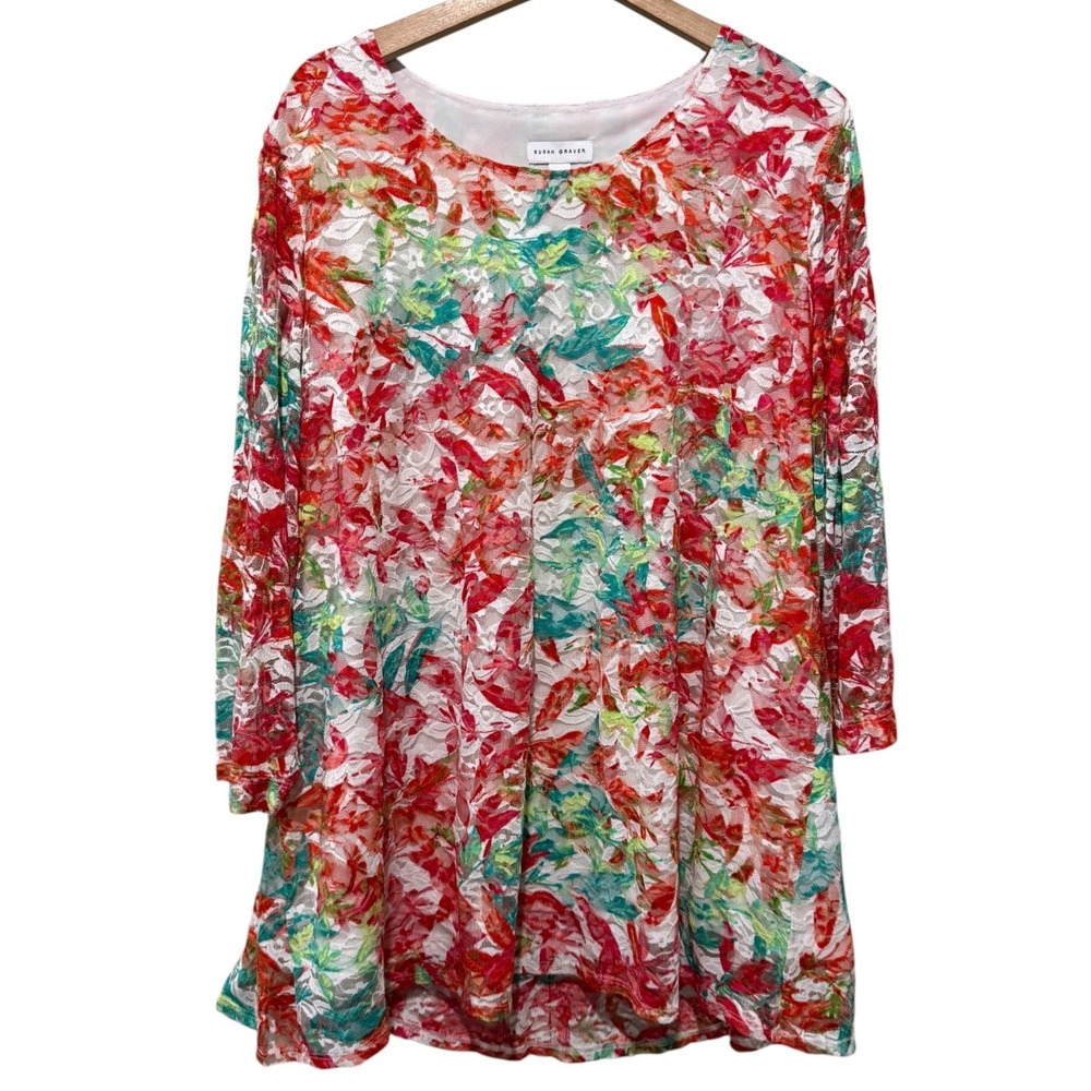Susan Graver Liquid Knit Women 1X Artsy Floral Lace Overlay 3/4 Sleeve Stretch